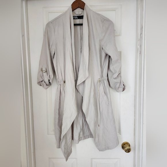 Zara Open Front Cinch Waterfall Blazer Jacket in Beige. - Picture 1 of 3